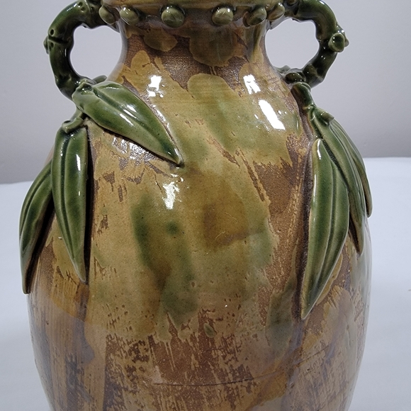 Vintage Handmade Glazed Pottery 8" Tall Earth Tones Bamboo Leaf DetailVase Sign - Picture 3 of 11